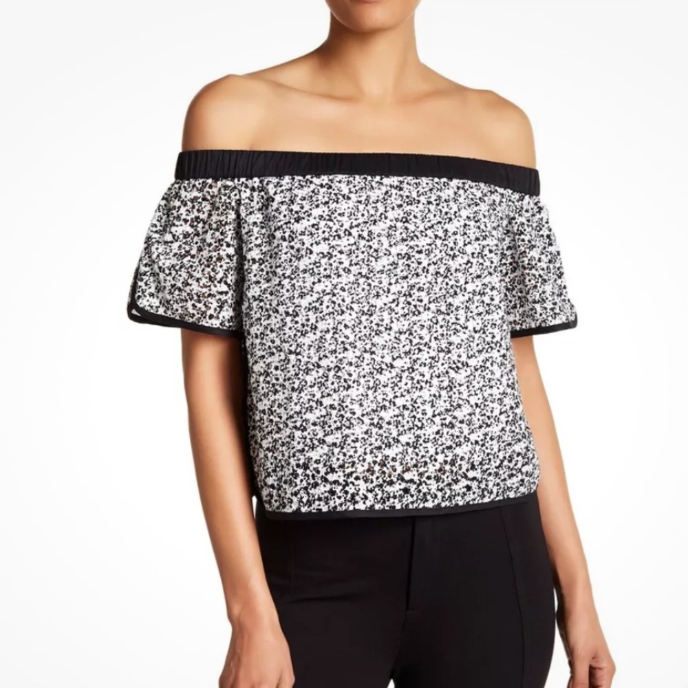 Rag & Bone Feminine Eyelet Lace Black &White Floral “Flavia” Off-Shoulder Top  M